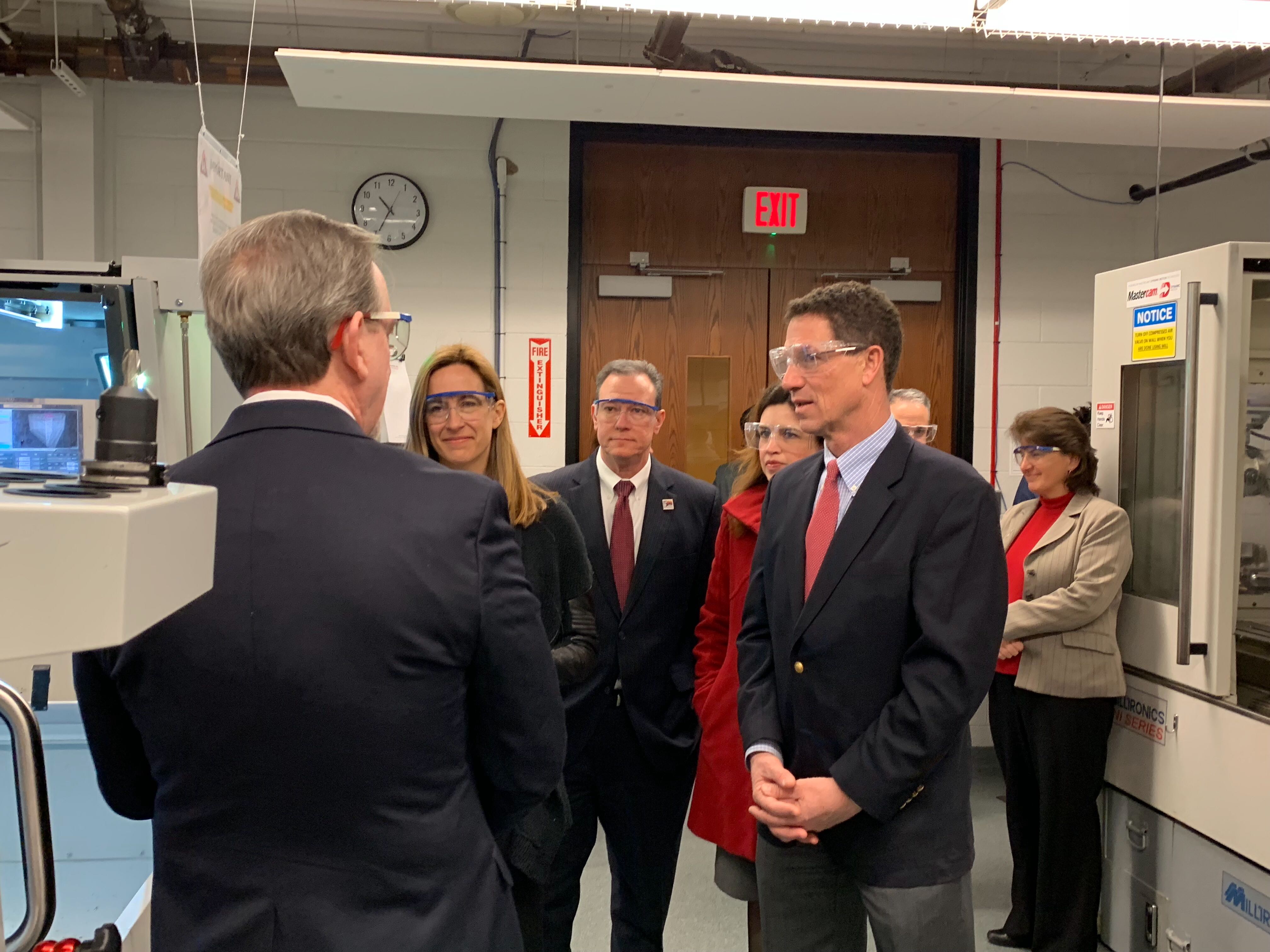 Congresswoman Sherrill visits the engineering technology lab at County College of Morris with CCM President Iacono, Randolph Mayor Jim Loveys, President of the Morris County Chamber of Commerce Meghan Hunscher, CCM VP for Workforce Development Patrick Enr